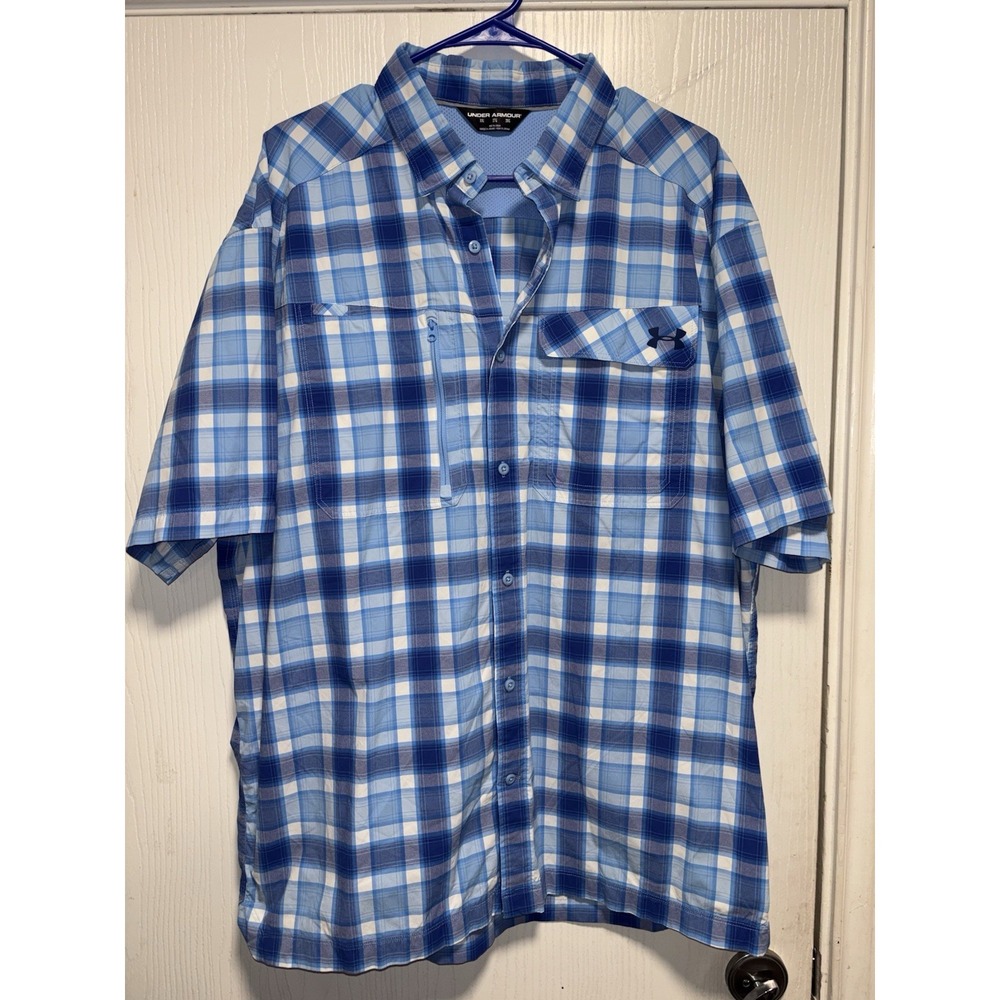 Under Armour Shirt Men 2XL Blue Button Plaid Up‎ Performance Vented Fishing